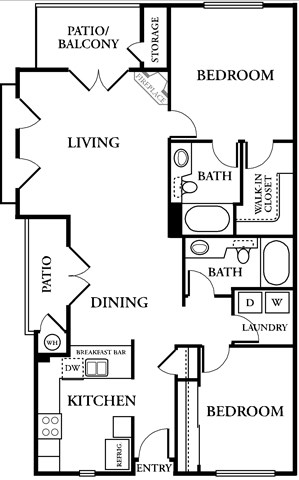 Floor plan for 2 beds, 2 baths, 1181 sqft